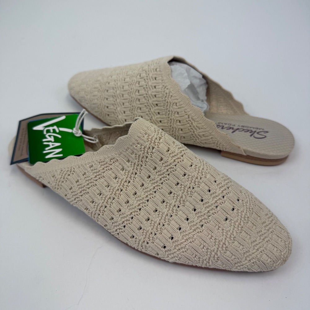 Skechers Cleo Sweetest Mules Womens 9 Natural Knit Memory Foam Flats 158366 NWT